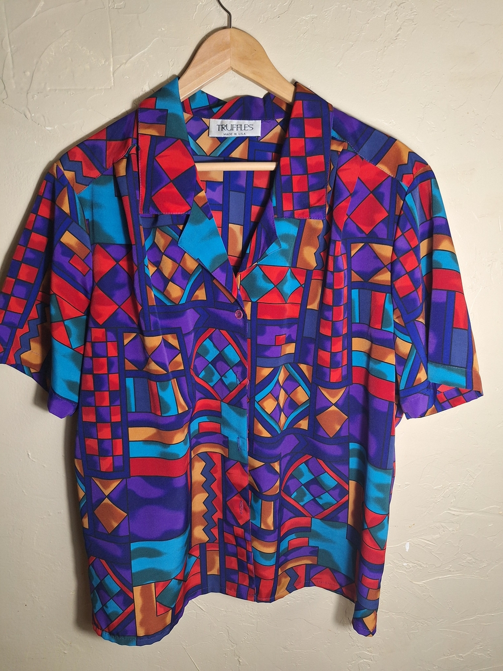 VTG 1991 Truffles Women's Geometric Multicolor Collared Button-Down Blouse L/XL